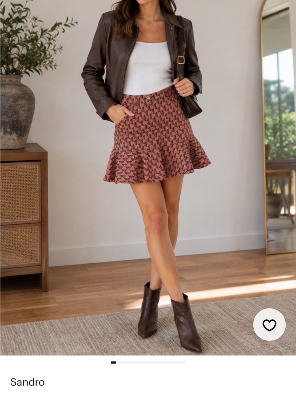 Sandro Rust Houndstooth Ruffle Mini Skirt
